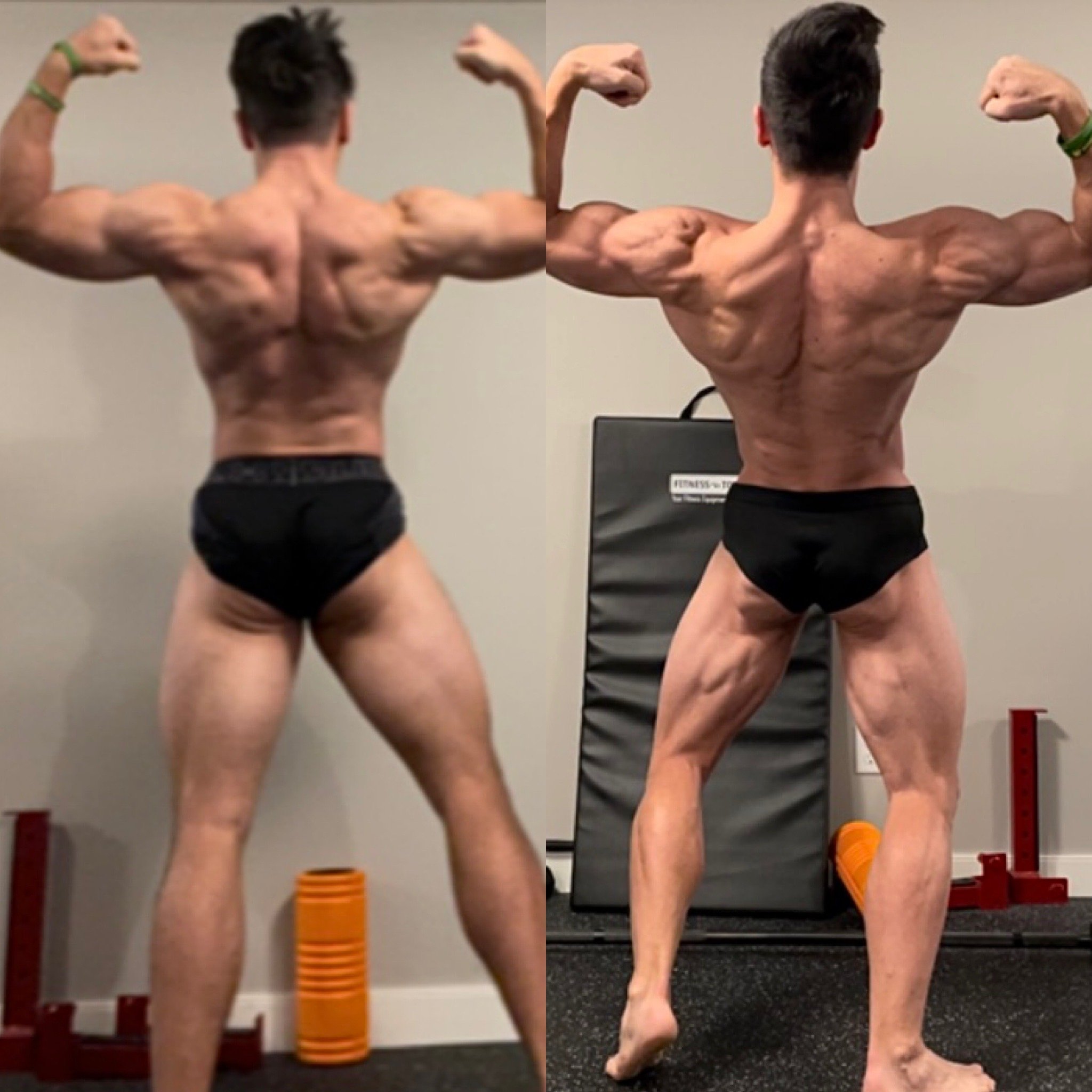 Client transformation - rear double biceps, before and after