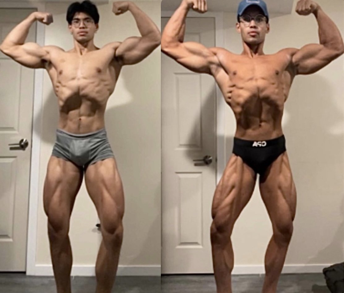 Client transformation - front double biceps, before and after
